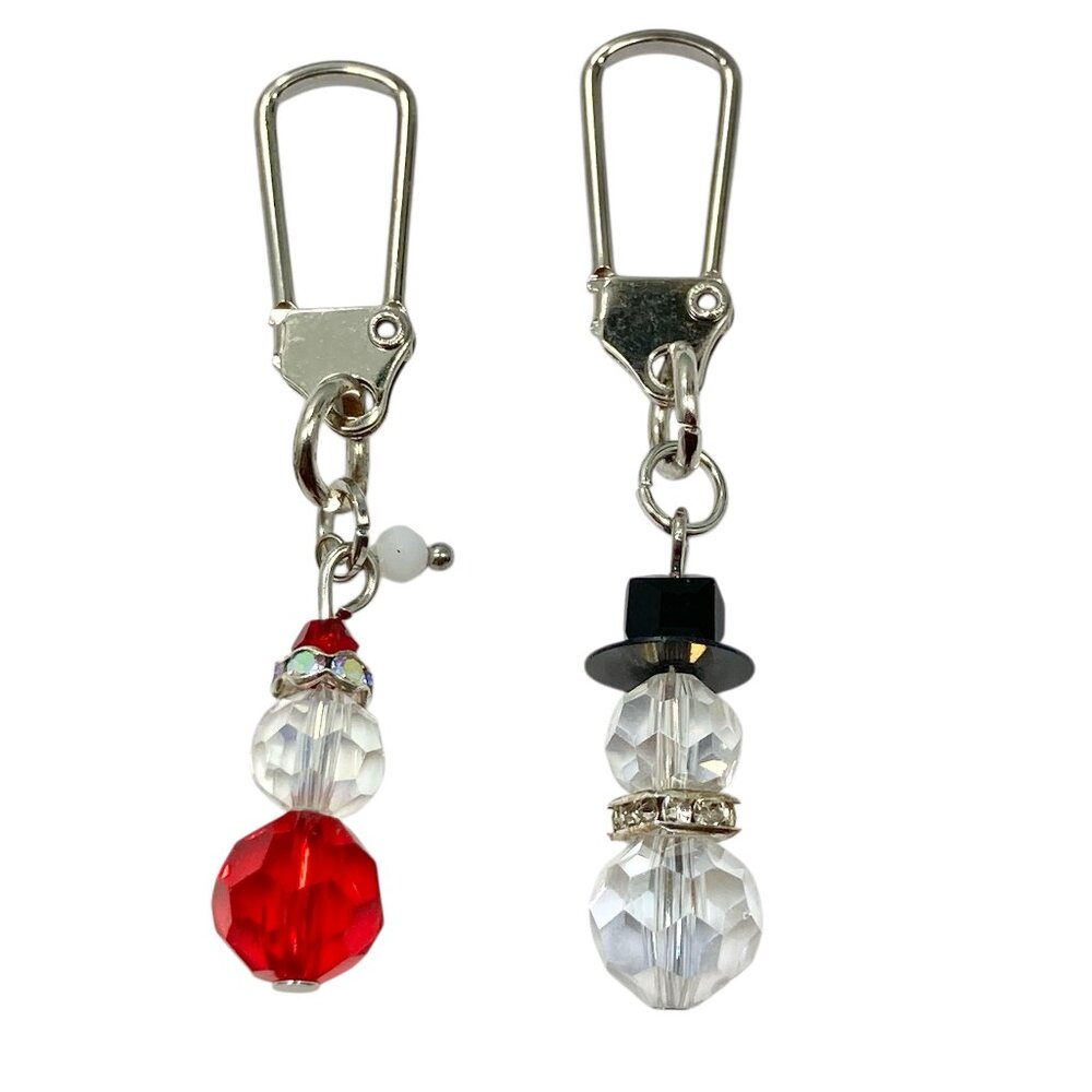Glass Bead Snowman Zipper Pull Clip On Charm Bag Purse Black White Red Silver